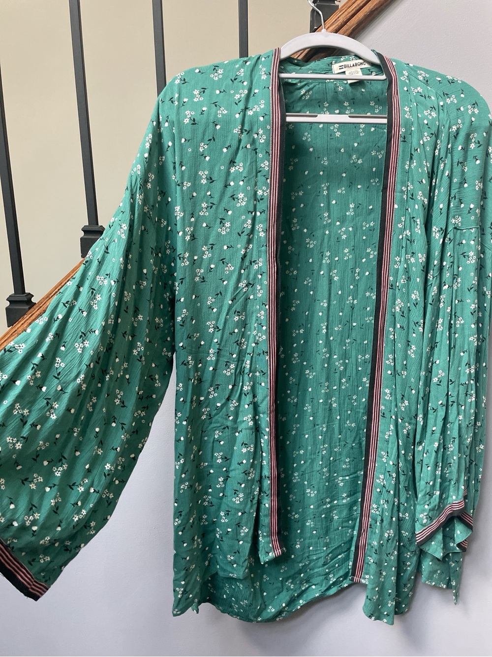 Billabong Teal Green Floral Open-Front Kimono with Striped Trim